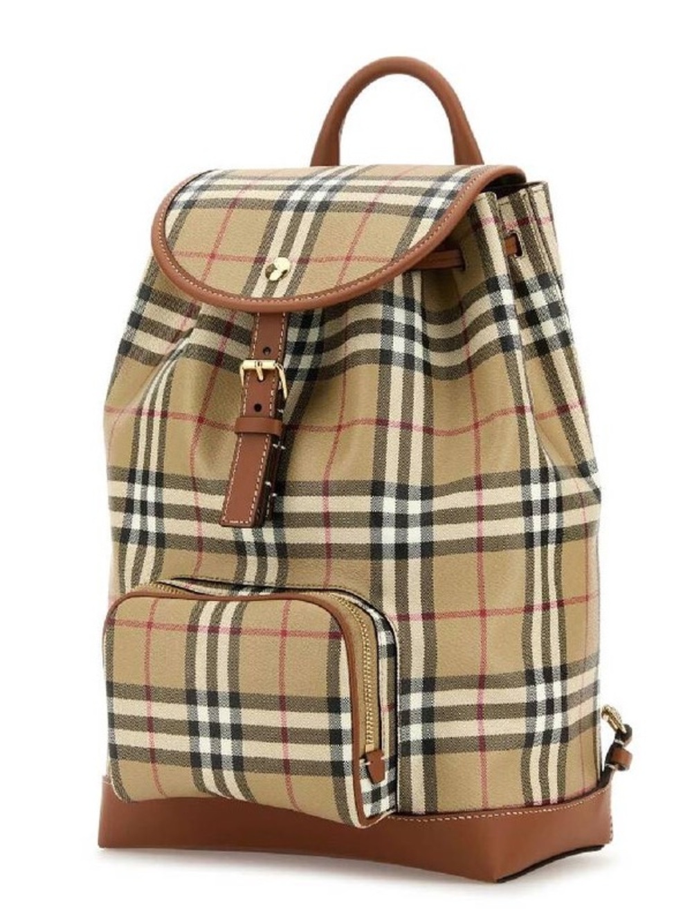 Burberry Beige Checked Canvas Backpack with Brown Leather Trim